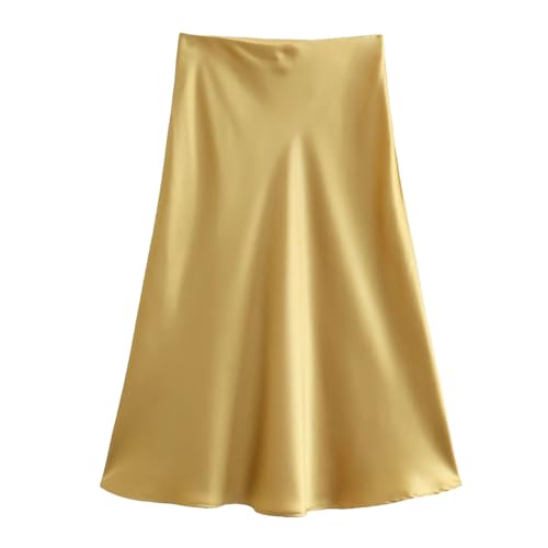 Hgvcfcv Damen Rock Satin Seide Mode A-Linie Röcke Büro Dame Solide Rot EN8 Hohe Taille Lange, B, Mittel von Hgvcfcv