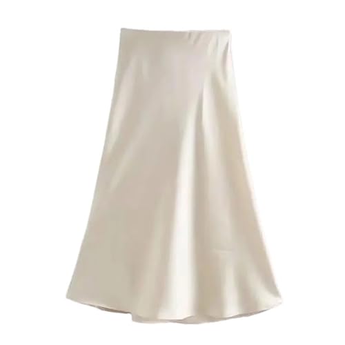 Hgvcfcv Damen Rock Satin Seide Mode A-Linie Röcke Büro Dame Solide Rot EN8 Hohe Taille Lange, Beige, Groß von Hgvcfcv