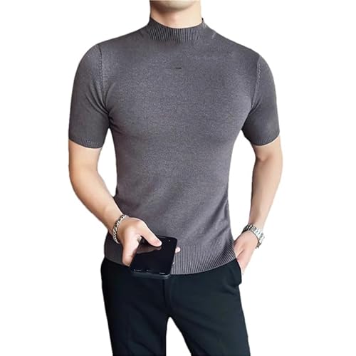 Hgvcfcv Herbst Kurzarm Strick-T-Shirts Herren Slim Solid Pullover Halber Rollkragen Casual Stretched, grau, L von Hgvcfcv