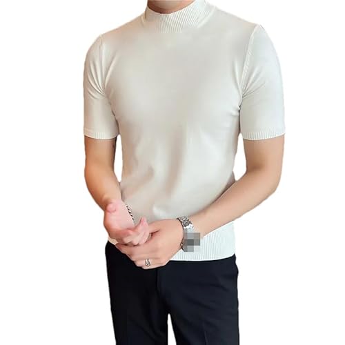 Hgvcfcv Herbst Kurzarm Strick-T-Shirts Herren Slim Solid Pullover Halber Rollkragen Casual Stretched, weiß, L von Hgvcfcv