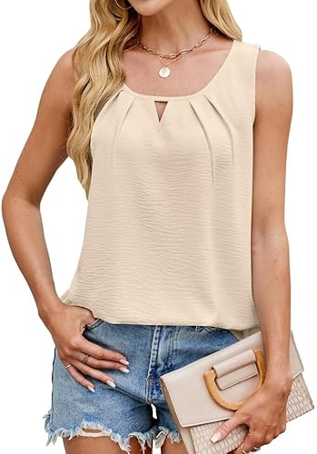 Damen Tank Top Sommerblusen Cami Bluse Oberteile Ärmellose Falten Camisole Shirt Tunika Tops Apricot XXL von Hgyfcnb