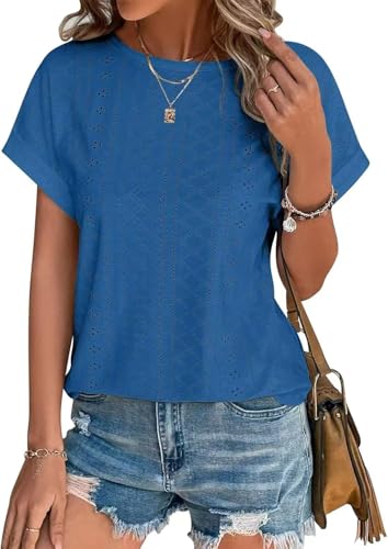 Damen Tshirt Sommer Bluse Elegant Kurzarm Lässige Lochstickerei Oberteil Kleidung Casual Shirts Rundhals Sommerblusen Tunika Tops Blau XXL Damen Tshirt Sommer Bluse Elegant Kurzarm Lässige Lochstickerei Oberteil Kleidung Casual Shirts Rundhals Sommerblusen Tunika Tops Blau XXL von Hgyfcnb