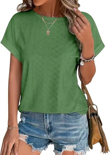 Damen Tshirt Sommer Bluse Elegant Kurzarm Lässige Lochstickerei Oberteil Kleidung Casual Shirts Rundhals Sommerblusen Tunika Tops Grün XXL Damen Tshirt Sommer Bluse Elegant Kurzarm Lässige Lochstickerei Oberteil Kleidung Casual Shirts Rundhals Sommerblusen Tunika Tops Grün XXL von Hgyfcnb