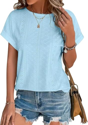 Damen Tshirt Sommer Bluse Elegant Kurzarm Lässige Lochstickerei Oberteil Kleidung Casual Shirts Rundhals Sommerblusen Tunika Tops Hellblau L von Hgyfcnb