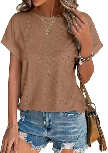 Damen Tshirt Sommer Bluse Elegant Kurzarm Lässige Lochstickerei Oberteil Kleidung Casual Shirts Rundhals Sommerblusen Tunika Tops Kaffee XL von Hgyfcnb