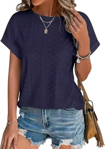 Damen Tshirt Sommer Bluse Elegant Kurzarm Lässige Lochstickerei Oberteil Kleidung Casual Shirts Rundhals Sommerblusen Tunika Tops Navy M von Hgyfcnb
