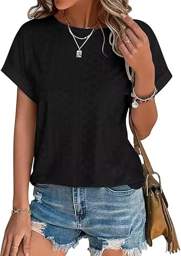 Damen Tshirt Sommer Bluse Elegant Kurzarm Lässige Lochstickerei Oberteil Kleidung Casual Shirts Rundhals Sommerblusen Tunika Tops Schwarz XXL von Hgyfcnb