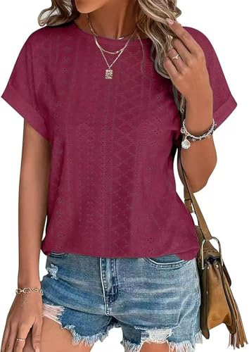 Damen Tshirt Sommer Bluse Elegant Kurzarm Lässige Lochstickerei Oberteil Kleidung Casual Shirts Rundhals Sommerblusen Tunika Tops Winerot XL von Hgyfcnb