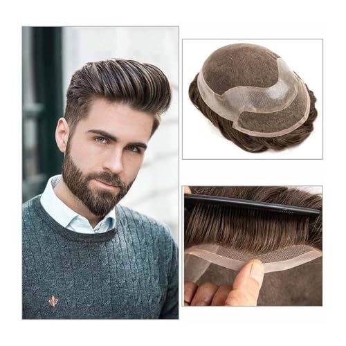 Herrenperücke kurzes Haar Haarprothese for Männer, Toupet aus menschlichem Haar for Männer, Schweizer Spitzenoberteil mit PU rundherum, Haarteil for Männer, natürlicher Haaransatz, glattes indisches R von Hhaoran-9868