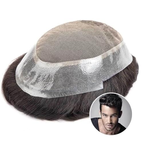 Herrenperücke kurzes Haar Toupet for Herren, Echthaar-Ersatzsysteme, 20,3 x 25,4 cm, atmungsaktive französische Spitze mit geknoteter Haut um die männliche Haarprothese, Haarteil-Perücke for Männer Pe von Hhaoran-9868