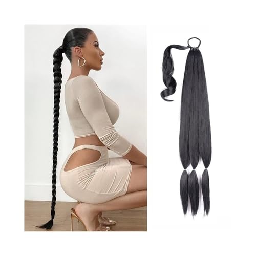 Schwanzclip im Haar 26/34 Zoll lange geflochtene Pferdeschwanzverlängerung mit Haargummi Yaki Straight Wrap Around Pferdeschwanz Natürliches weiches synthetisches Haarteil for Frauen im Alltag Elastis von Hhaoran-9868