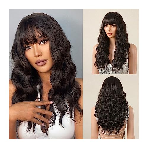 Perücke für Tägliche 20 Zoll dunkelbraune schwarze lange lockige Wellen-Synthetik-Perücken mit Pony for Afro-Frauen, tägliche Cosplay-Party, natürliche hitzebeständige Kunsthaare Perücken für Frauen von Hhmmei2024-23