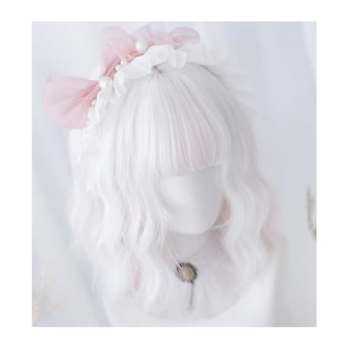 Perücke für Tägliche Cosplay Hitzebeständige 12 Zoll weiß rosa zweifarbige synthetische Perücken mit Pony kurze natürliche gewellte Haarperücke for Frauen Perücken für Frauen von Hhmmei2024-23