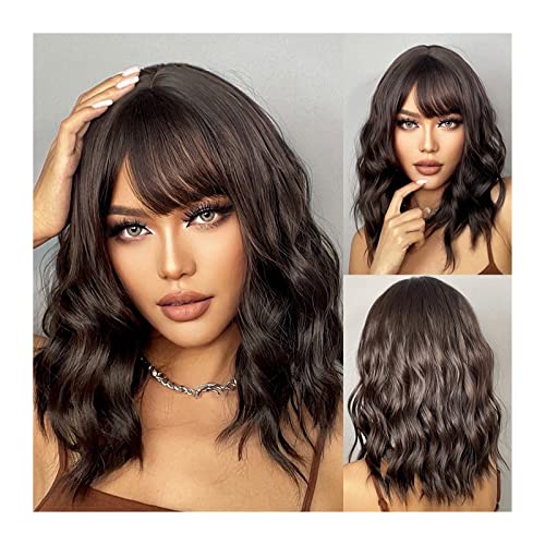 Perücke für Tägliche Gewellte Bob-Perücke mit Pony for Frauen, mittlere dunkelbraune natürliche Wellenperücke mit schulterlangem Pony, synthetische Perücken for Frauen und Mädchen Perücken für Frauen von Hhmmei2024-23