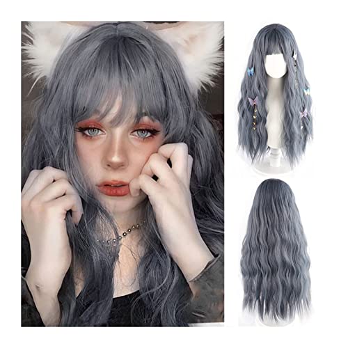 Perücke für Tägliche Haze Blue Perücken, lange gewellte lockige Perücke mit Pony for Frauen, natürlich aussehende matte synthetische gewellte Perücken for Mädchen Damen Cosplay Party Alltagskleidung P von Hhmmei2024-23