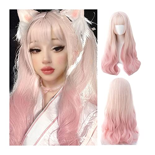 Perücke für Tägliche Lange gewellte lockige Perücke mit Pony, blonder Farbverlauf hellrosa gewellte Perücke for Frauen Mädchen hitzebeständige synthetische Halloween-Cosplay-Haarperücken Perücken für von Hhmmei2024-23