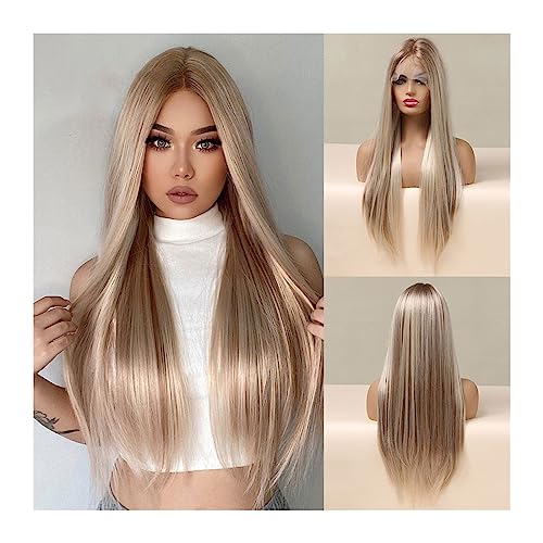 Perücke für Tägliche Weiße platinblonde synthetische Perücken mit Spitze vorne, lange, glatte Spitzenhaarperücke for schwarze Frauen, Cosplay, tägliches hitzebeständiges Haar Perücken für Frauen von Hhmmei2024-23