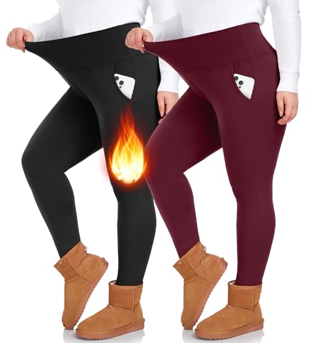 Hi Clasmix 2er-Pack Leggings mit Fleece-Futter in Übergröße, 2-2 Pack Schwarz, Weinrot, 4X-Groß von Hi Clasmix