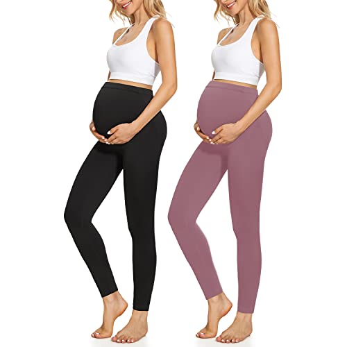 Umstandsleggings über dem Bauch und Hintern – butterweich, nicht durchsichtig, Workout-Schwangerschafts-Leggings (Schwarz + Rosa, Größe L) von Hi Clasmix