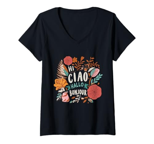 Damen Boho Hi Mehrsprachige Grüße für Sprachliebhaber Reisende T-Shirt mit V-Ausschnitt Damen Boho Hi Mehrsprachige Grüße für Sprachliebhaber Reisende T-Shirt mit V-Ausschnitt von Hi Multiple Different Languages Hallo Bonjour Ciao