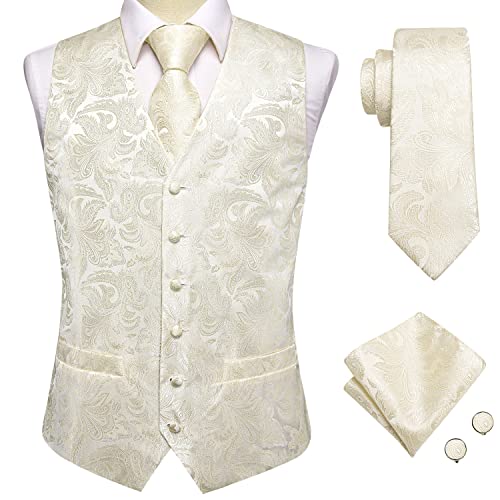 Hi-Tie 4-teiliges Set aus gewebter Seidenweste und Krawatte, schwarz-blau, Jacquard-Anzug, Kleid, Weste für Hochzeit, Party, S-3XL, Elfenbein-Paisley, M von Hi-Tie