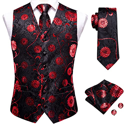 Hi-Tie 4-teiliges Set aus gewebter Seidenweste und Krawatte, schwarz-blau, Jacquard-Anzug, Kleid, Weste für Hochzeit, Party, S-3XL, Schwarz-Rot Blumenmuster, S von Hi-Tie