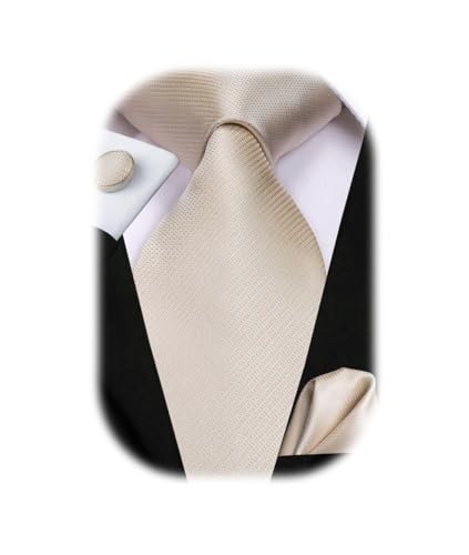 Hi-Tie Herren Krawatte Schwarz Paisley/Plaid/Streifen/Einfarbig Krawatten Set Einstecktuch Manschettenknöpfe Business Formal Hochzeit Meeting Geschenkbox,beiger Streifen von Hi-Tie
