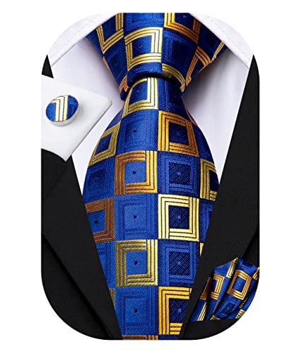 Hi-Tie Herren Krawatte Schwarz Paisley/Plaid/Streifen/Einfarbig Krawatten Set Einstecktuch Manschettenknöpfe Business Formal Hochzeit Meeting Geschenkbox,Blaugold kariert von Hi-Tie
