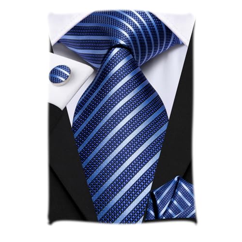 Hi-Tie Blaue Krawatte Gestreifte Seidenkrawatten mit Einstecktuch Manschettenknöpfe 3PC Krawatten Set Business Formal Geschenk Box von Hi-Tie