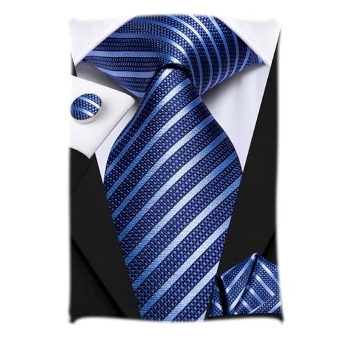 Hi-Tie Herren Krawatte Schwarz Paisley/Plaid/Streifen/Einfarbig Krawatten Set Einstecktuch Manschettenknöpfe Business Formal Hochzeit Meeting Geschenkbox,blauer Streifen von Hi-Tie