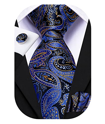 Hi-Tie Blaue Paisley-Krawatte Für Herrenhochzeit Schwarz Blaue Krawatte Einstecktuch Manschettenknöpfe Krawatten-Sets Formelles Geschäftsgeschenk Für Männer von Hi-Tie