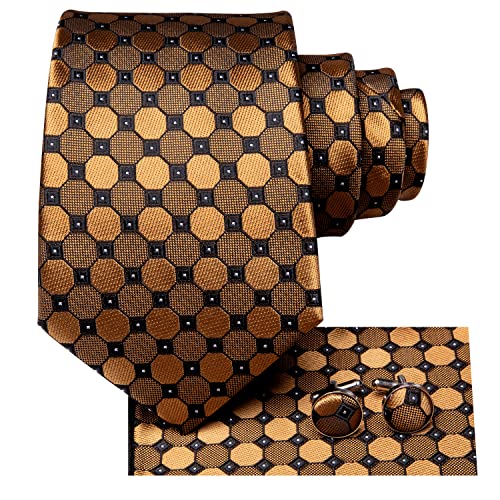 Hi-Tie Braun Gold Herren Krawatte Einstecktuch Manschettenknöpfe Seidenkrawatten Sets Formelle Business Krawatte Business von Hi-Tie