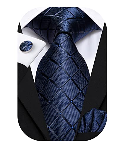 Hi-Tie Herren Krawatte Schwarz Paisley/Plaid/Streifen/Einfarbig Krawatten Set Einstecktuch Manschettenknöpfe Business Formal Hochzeit Meeting Geschenkbox,A-dunkel blaues Plaid von Hi-Tie