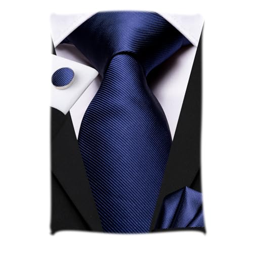 Hi-Tie Dunkelblaue Herrenkrawatte Einstecktuch Manschettenknöpfe Seidenkrawattensets Hochzeit Formelles Geschäft von Hi-Tie