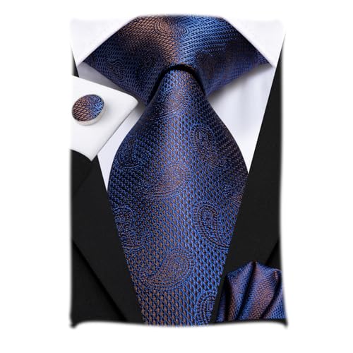 Hi-Tie Dunkelblaue Krawatten Einstecktuch Manschettenknöpfe Paisley Plaid Krawatten Formelles Geschäft von Hi-Tie