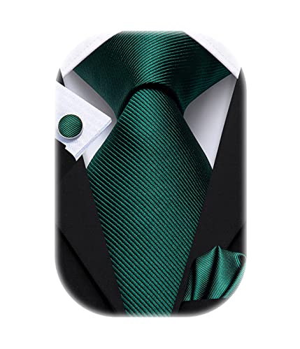 Hi-Tie Herren Krawatte Schwarz Paisley/Plaid/Streifen/Einfarbig Krawatten Set Einstecktuch Manschettenknöpfe Business Formal Hochzeit Meeting Geschenkbox,Dunkelgrün von Hi-Tie