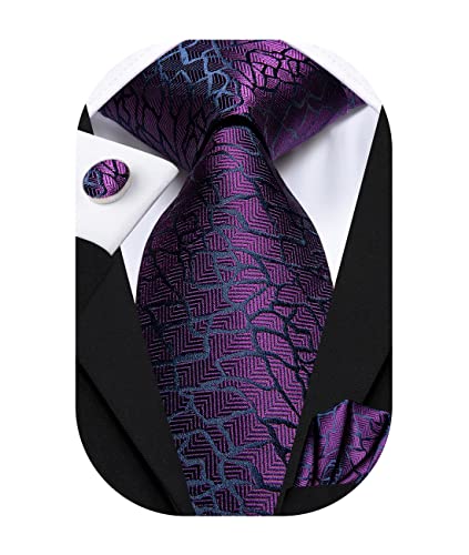 Hi-Tie Herren Krawatte Schwarz Paisley/Plaid/Streifen/Einfarbig Krawatten Set Einstecktuch Manschettenknöpfe Business Formal Hochzeit Meeting Geschenkbox,einzigartiges dunkelviolettes Plaid von Hi-Tie