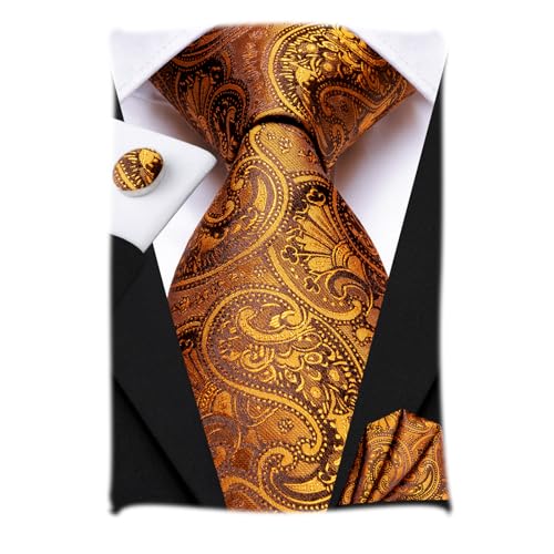 Hi-Tie Dunkelorange Paisley Krawatte Set mit Einstecktüchern Manschettenknöpfe Jacquard Seide Designer Party Business von Hi-Tie