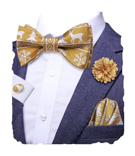 Hi-Tie Fliege für Herren Seide Weihnachten Vorgebundene Fliege und Blume Revers Pin Einstecktuch Manschettenknöpfe Set in Geschenkbox, Selbstgebundenes goldweißes Rentier, Einheitsgröße von Hi-Tie