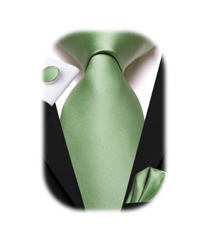 Hi-Tie Herren Krawatte Schwarz Paisley/Plaid/Streifen/Einfarbig Krawatten Set Einstecktuch Manschettenknöpfe Business Formal Hochzeit Meeting Geschenkbox,Grasgrüner Feststoff von Hi-Tie