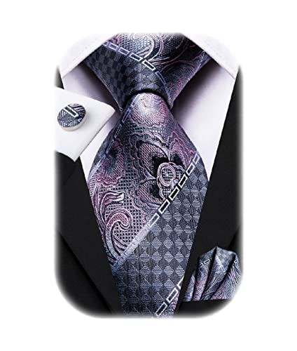 Hi-Tie Grau Rosa Krawatte für Herren Paisley Blumen Krawatte Einstecktuch Manschettenknöpfe Herren Krawatte Sets von Hi-Tie