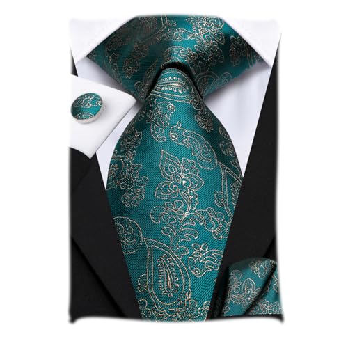 Hi-Tie Grün Gold Paisley Krawatten Einsteckfächer Manschettenknöpfe Seidenkrawatten-Sets Hochzeit formelle Krawatten für Männer von Hi-Tie