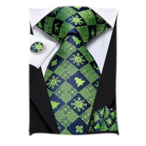 Hi-Tie Grün kariert Weihnachten Krawatte Sets Herren Schneeflocke Seidenkrawatte und Einstecktuch Manschettenknöpfe Set für Party Prom von Hi-Tie