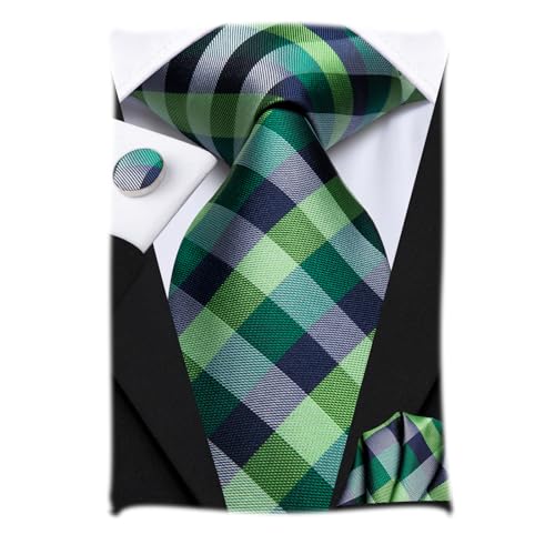 Hi-Tie Grüne Krawatte Karierte Krawatte mit Einstecktuch Manschettenknöpfe Krawattenset Schwarz Grün Karierte Krawatte Business Formal von Hi-Tie