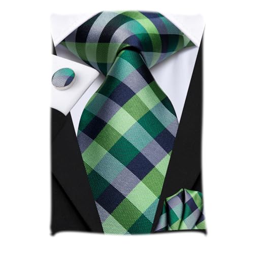 Hi-Tie Herren Krawatte Schwarz Paisley/Plaid/Streifen/Einfarbig Krawatten Set Einstecktuch Manschettenknöpfe Business Formal Hochzeit Meeting Geschenkbox,schwarz grün plaid von Hi-Tie