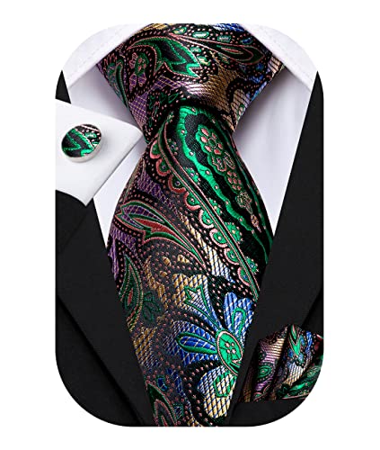 Hi-Tie Herren Krawatte Schwarz Paisley/Plaid/Streifen/Einfarbig Krawatten Set Einstecktuch Manschettenknöpfe Business Formal Hochzeit Meeting Geschenkbox,einzigartiges grünes Paisley von Hi-Tie