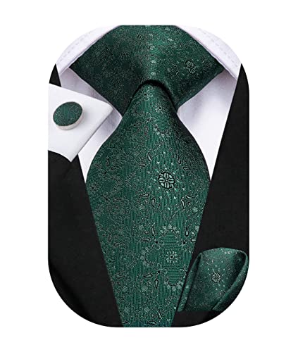 Hi-Tie Herren Krawatte Schwarz Paisley/Plaid/Streifen/Einfarbig Krawatten Set Einstecktuch Manschettenknöpfe Business Formal Hochzeit Meeting Geschenkbox,dunkelgrüne Blume von Hi-Tie