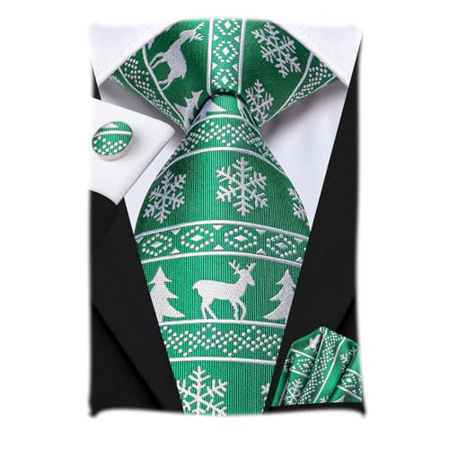 Hi-Tie Grünes Rentier Weihnachtskrawatten Set Seidenkrawatte und Einstecktuch Manschettenknöpfe Set für Weihnachten Hochzeit von Hi-Tie