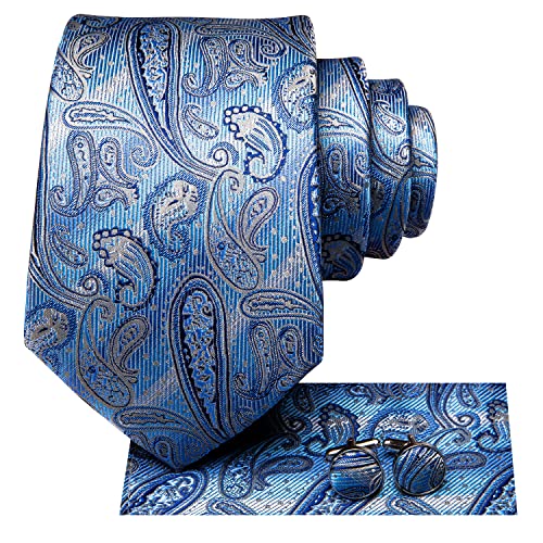 Hi-Tie Hellblaue Paisley Krawatte Einstecktuch Manschettenknöpfe Krawatten Set für Männer Hochzeit Business Formal von Hi-Tie