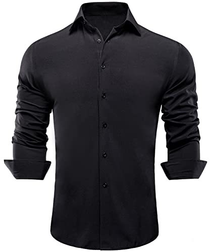 Hi-Tie Herren 4 Wege Stretch Kleid Hemden Faltenfrei Langarm Casual Button Down Hemd, schwarz, XX-Large von Hi-Tie